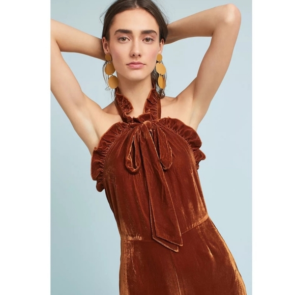 Anthropologie Kristinit Jumpsuit Gold Velvet Wide Leg Cropped - Picture 3 of 16